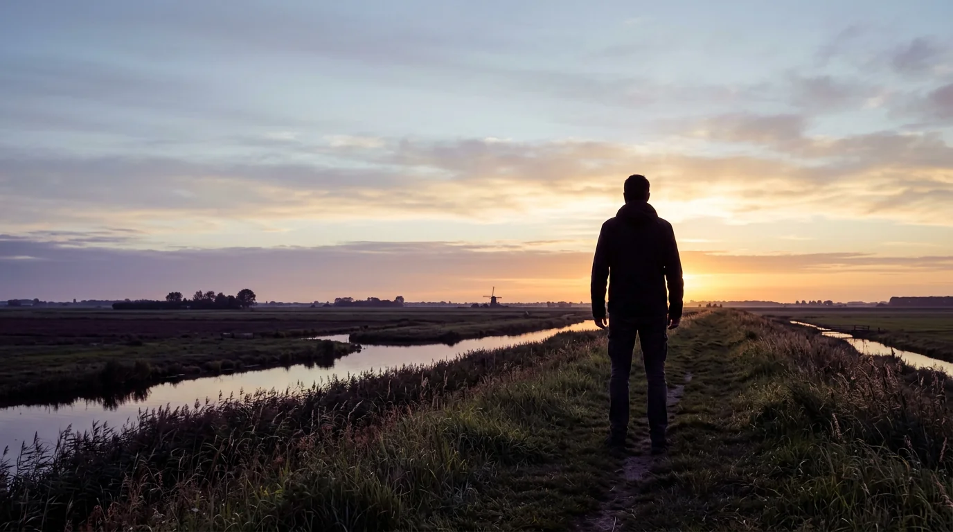 Anonieme silhouet in polderlandschap zonsopkomst actieve levensstijl gezonde gewoonten Nederland