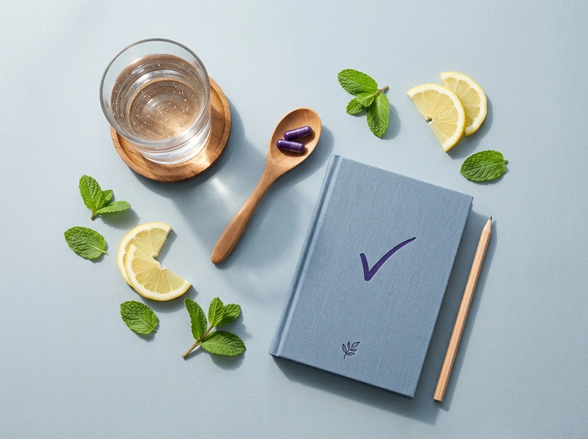 Dagelijkse routine capsules glas water vers fruit checklist supplement gebruik